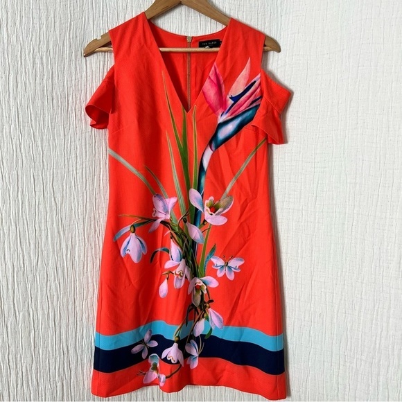 Ted Baker Leea Orange Colorful Floral Print Cold Shoulder Dress Size 2 V Neck - Picture 2 of 12